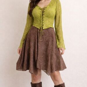 Context Vintage Y2K Boho Brown & Chartreuse Pasiely Handkerchief Silk Midi Skirt